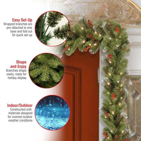 9ft. Pre-Lit Crestwood® Spruce Garland with Silver Bristle, Cones, Red Berries and Glitter with 50 Clear Lights